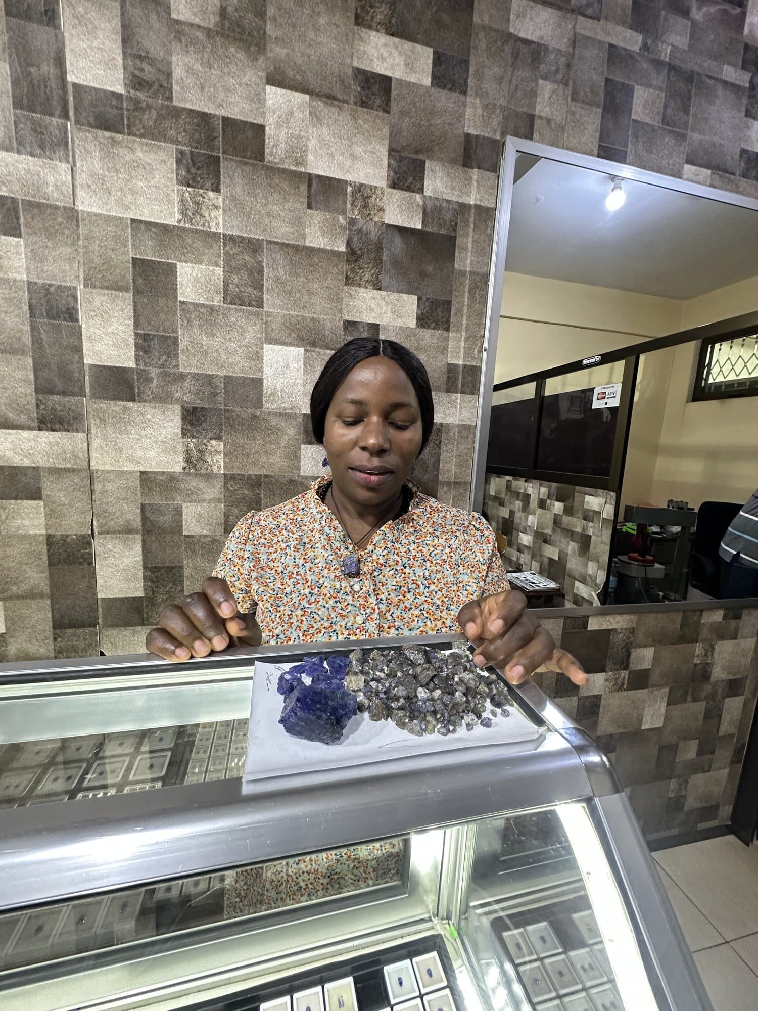 Sorting rough tanzanite at our counter in Kibo Tower